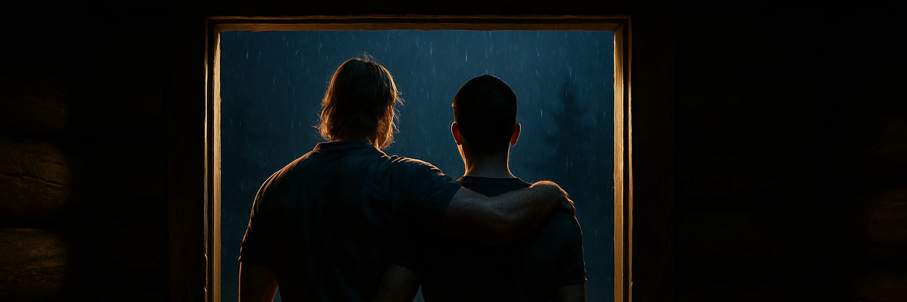 Two men framed in a cabin doorway, one arm draped over the other's shoulders while rain falls outside